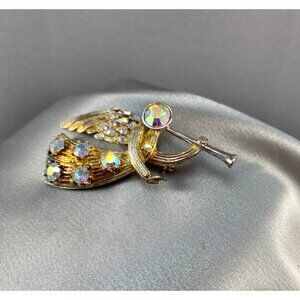 Vintage Eisenberg Ice Angel Trumpet Aurora Borealis Silver and Gold Metal Wash